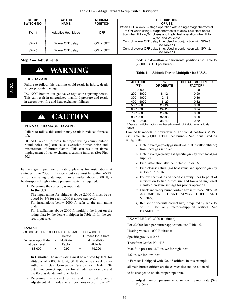 Warning, Caution | Bryant 2-stage Deluxe Induced-Combustion 4-way Multipurpose 120 User Manual | Page 36 / 58