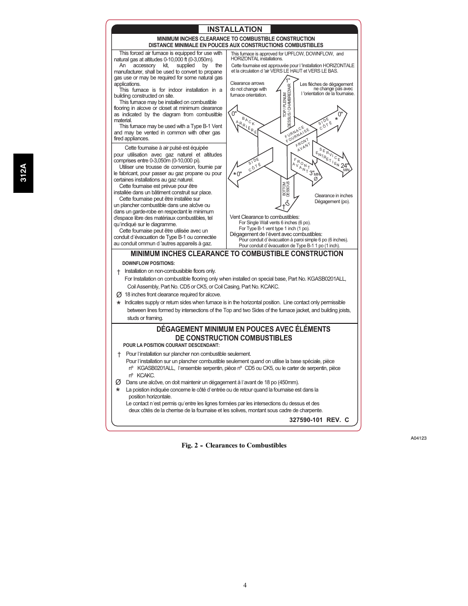 Installation, 312a, Fig. 2 -- clearances to combustibles | Bryant 2-stage Deluxe Induced-Combustion 4-way Multipurpose 120 User Manual | Page 4 / 58