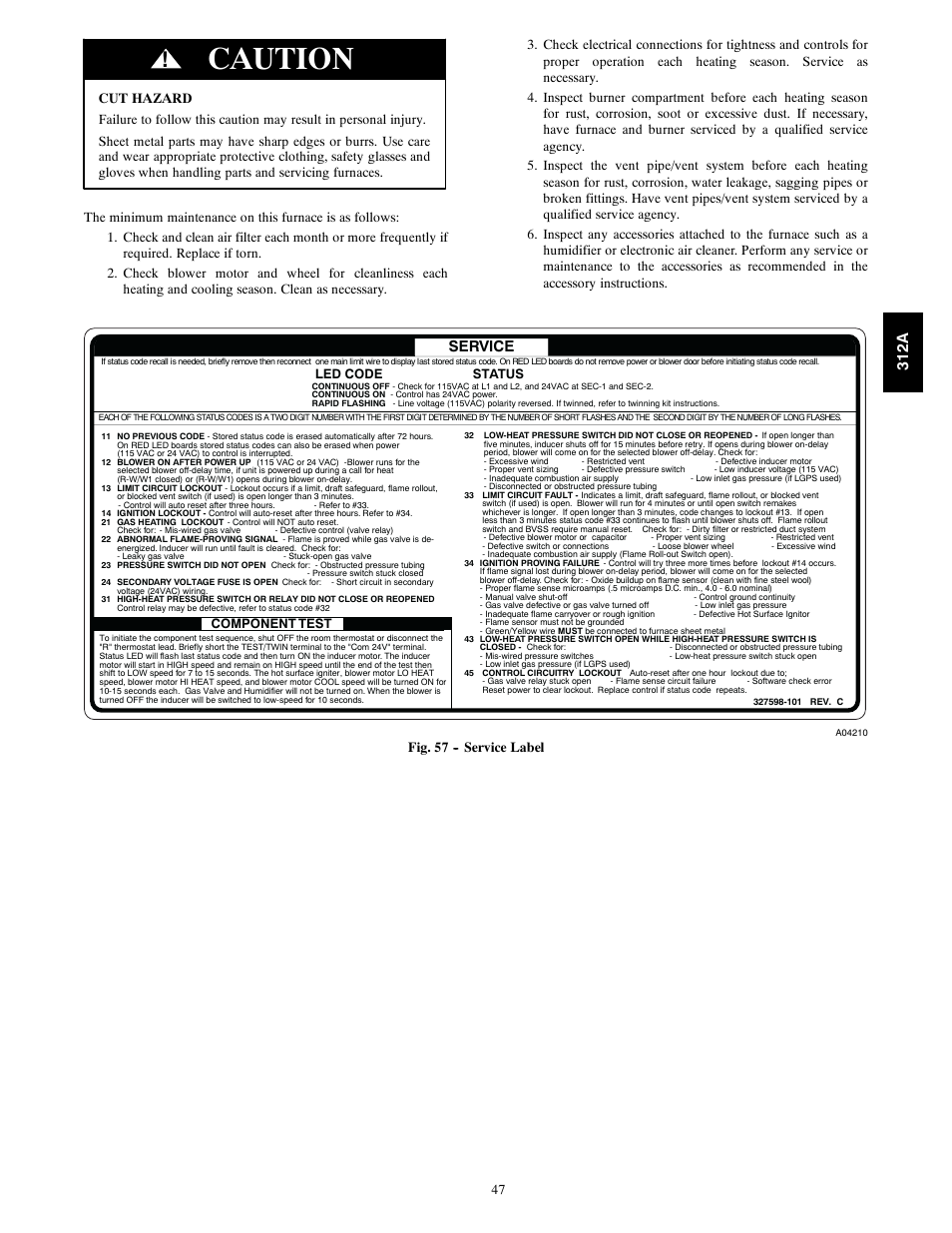 Caution, Service, 312a | Bryant 2-stage Deluxe Induced-Combustion 4-way Multipurpose 120 User Manual | Page 47 / 58