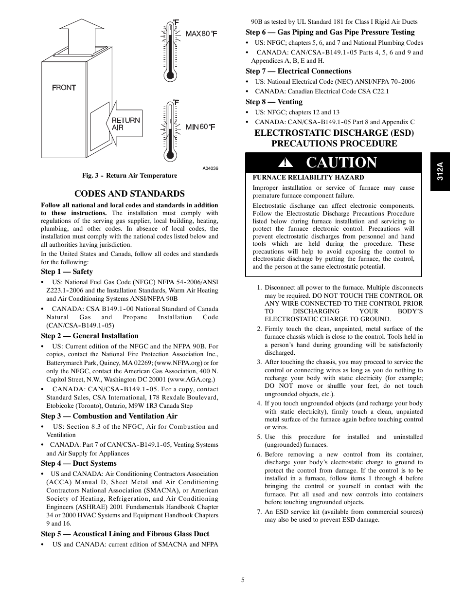 Caution, Codes and standards | Bryant 2-stage Deluxe Induced-Combustion 4-way Multipurpose 120 User Manual | Page 5 / 58