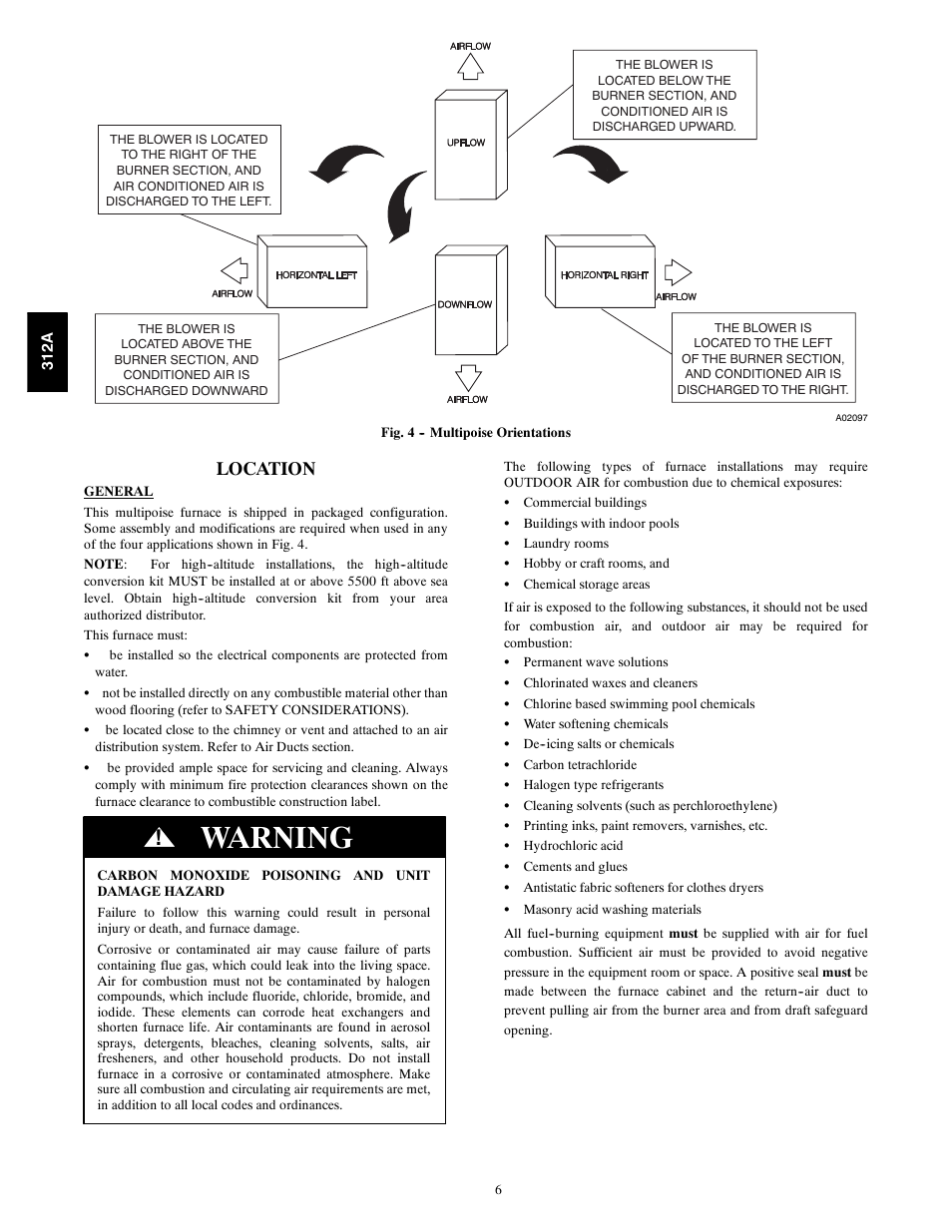 Warning, Location | Bryant 2-stage Deluxe Induced-Combustion 4-way Multipurpose 120 User Manual | Page 6 / 58