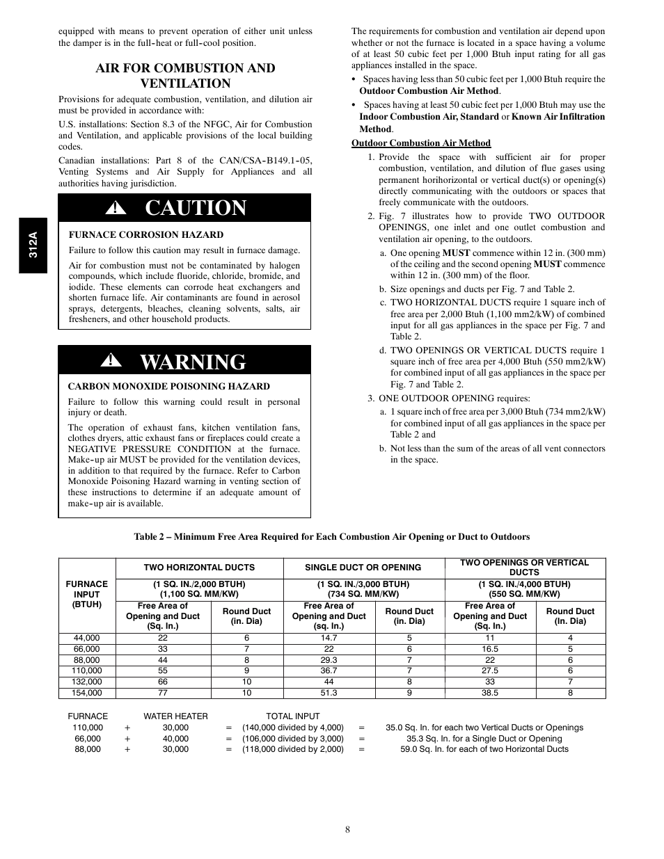 Caution, Warning, Air for combustion and ventilation | Bryant 2-stage Deluxe Induced-Combustion 4-way Multipurpose 120 User Manual | Page 8 / 58