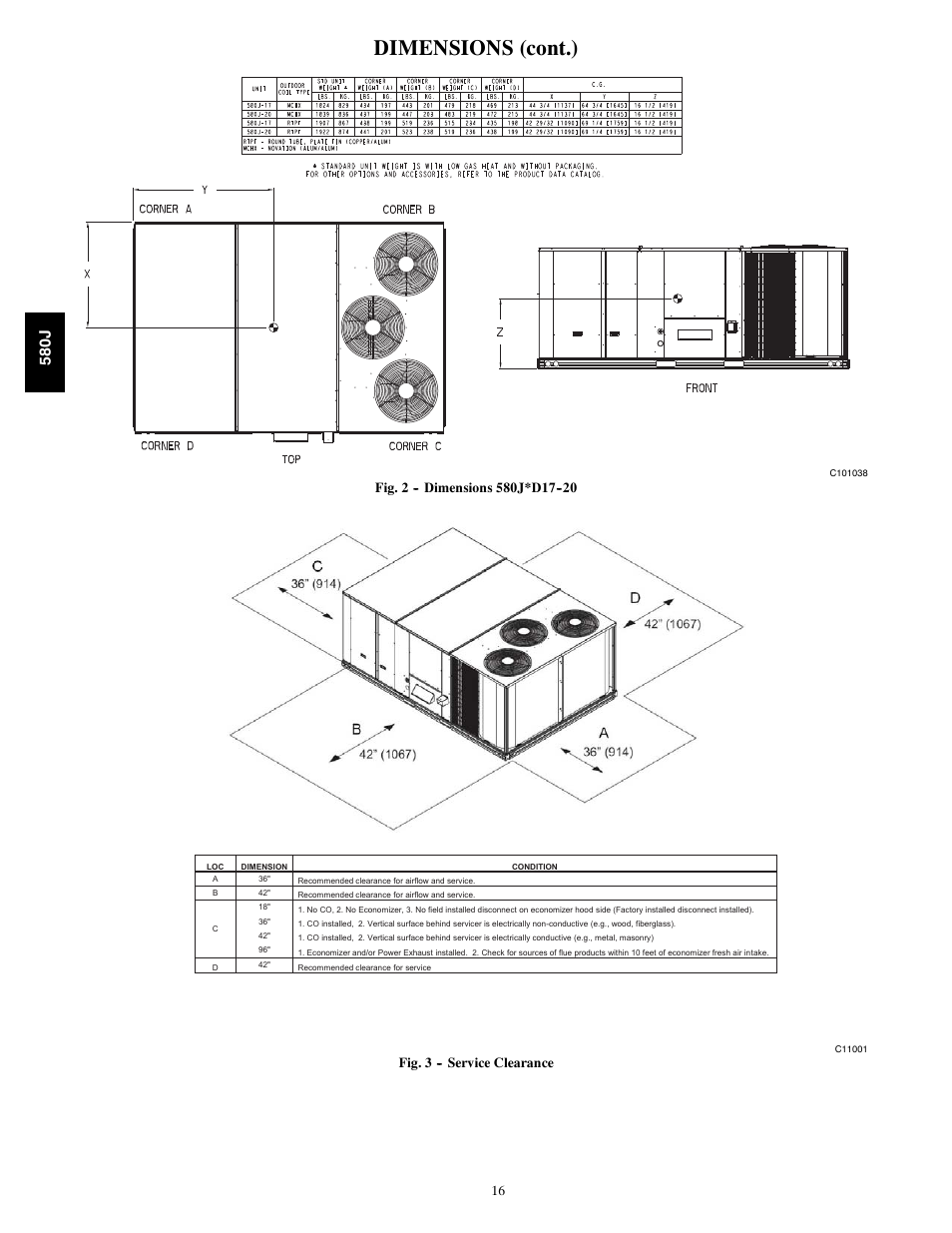 Dimensions (cont.), 580j, Fig. 3 -- service clearance | Bryant LEGACY 580J User Manual | Page 16 / 60