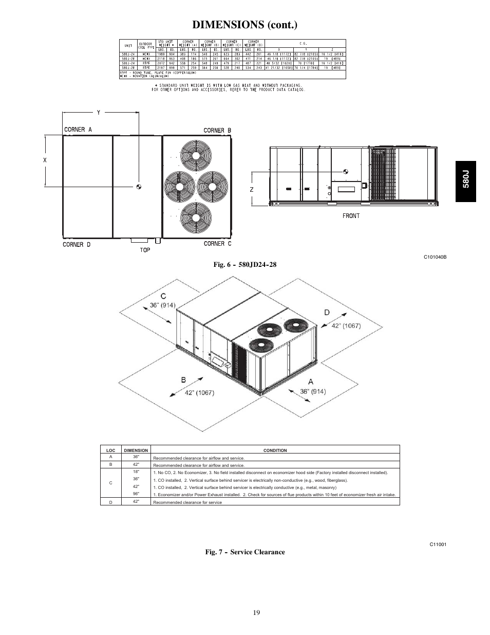 Dimensions (cont.), 580j, Fig. 6 jd24 | Fig. 7 -- service clearance | Bryant LEGACY 580J User Manual | Page 19 / 60
