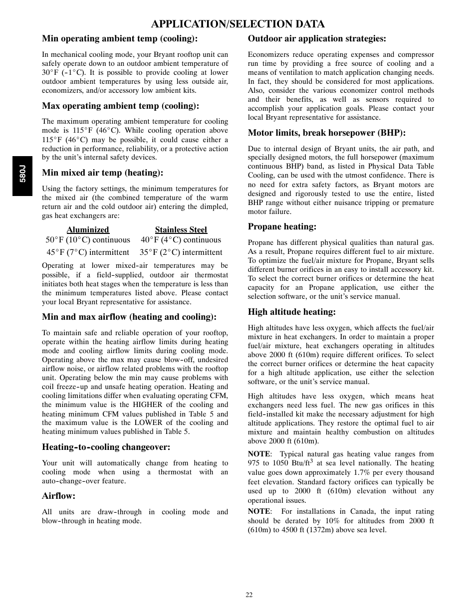 Application/selection data | Bryant LEGACY 580J User Manual | Page 22 / 60