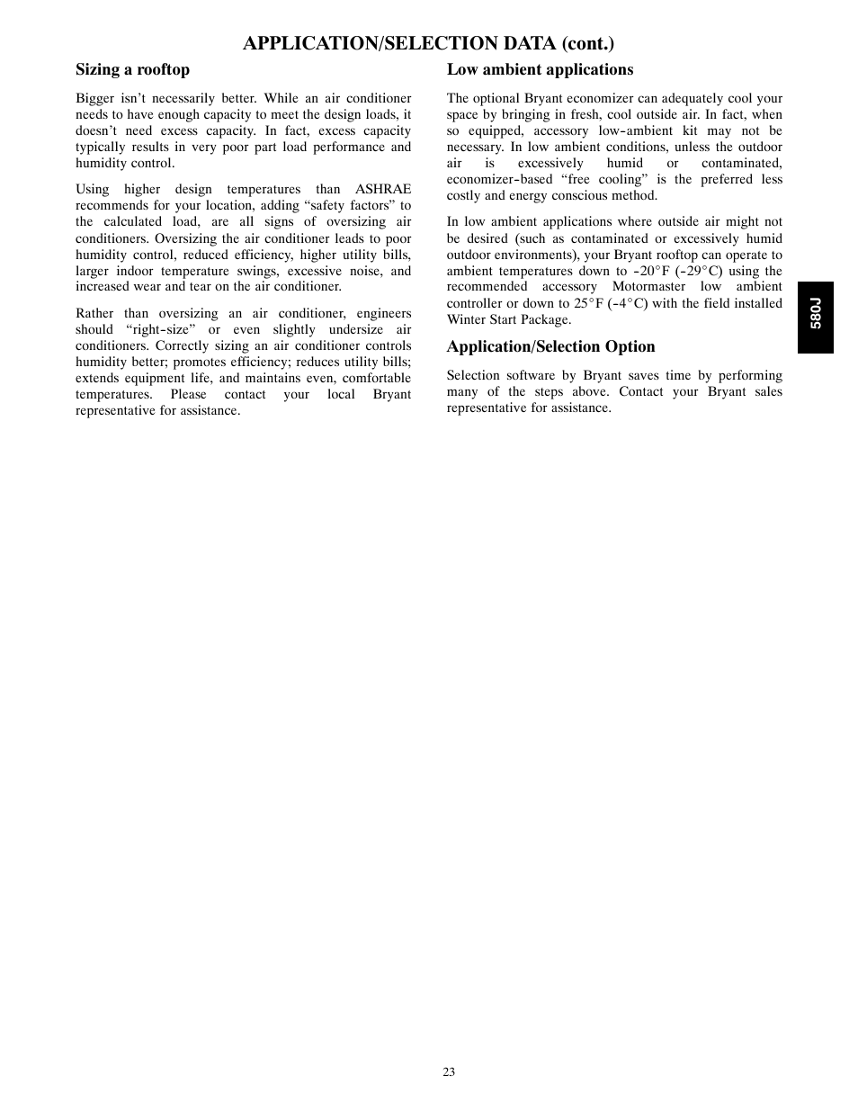 Application/selection data (cont.) | Bryant LEGACY 580J User Manual | Page 23 / 60