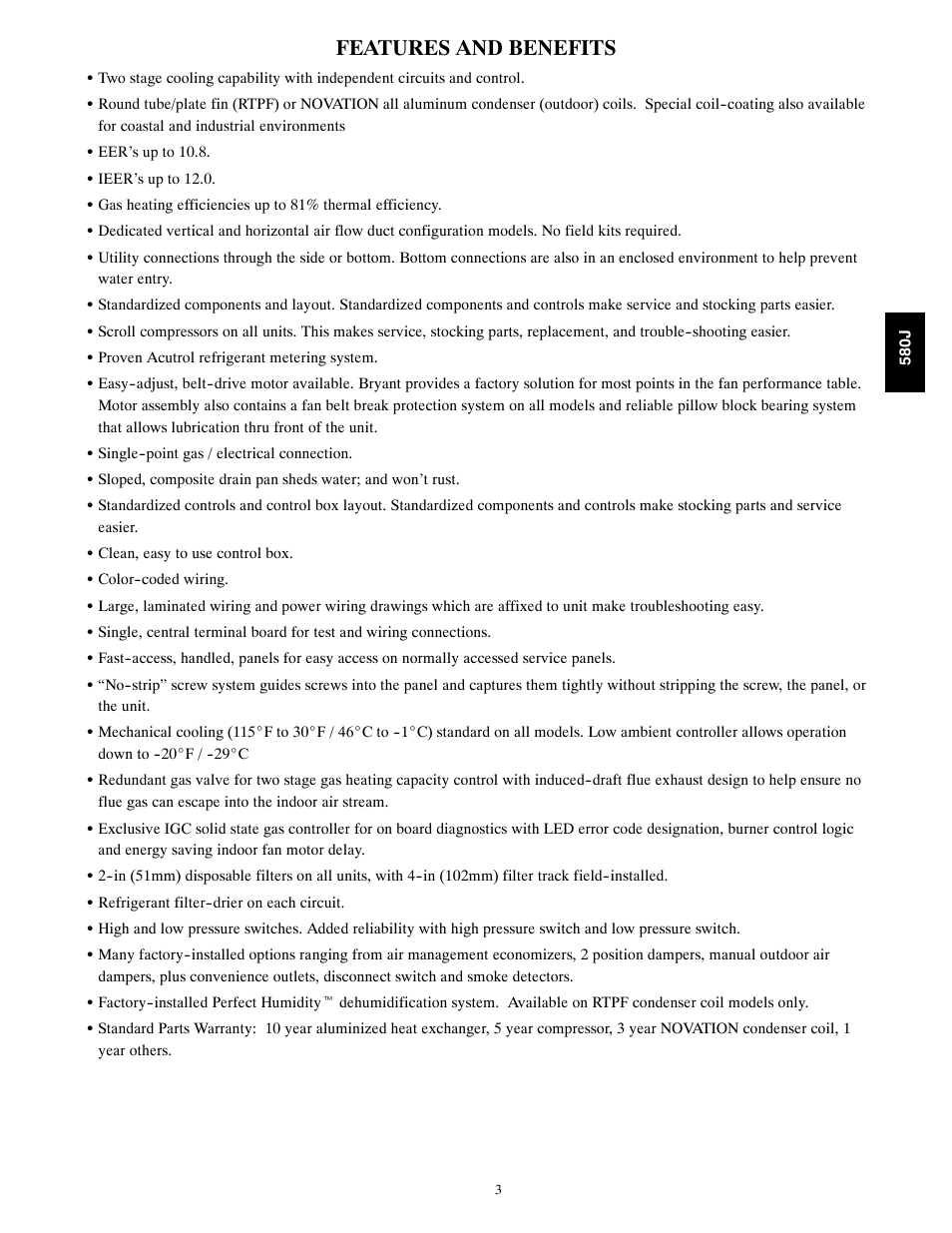 Features and benefits | Bryant LEGACY 580J User Manual | Page 3 / 60
