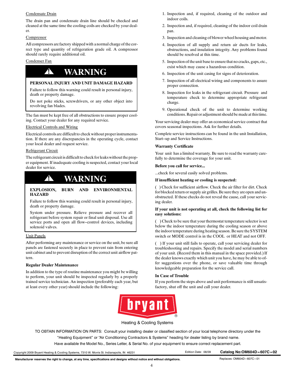 Warning | Bryant LEGACYT AND PREFERREDT 13 AND 14 SEER 604D----A User Manual | Page 4 / 4