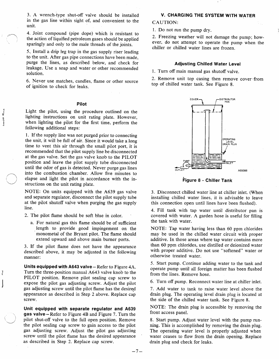 V. charging the system with water, Adjusting chilled water level, Pilot | Bryant SERIES D 453 User Manual | Page 7 / 12