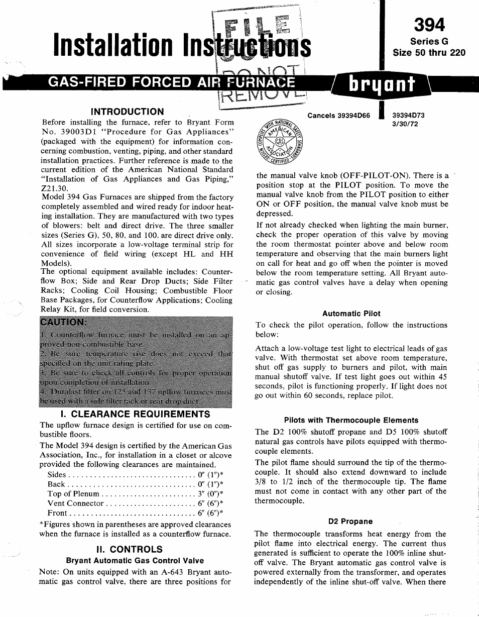 Bryant 394 Gas User Manual | 6 pages