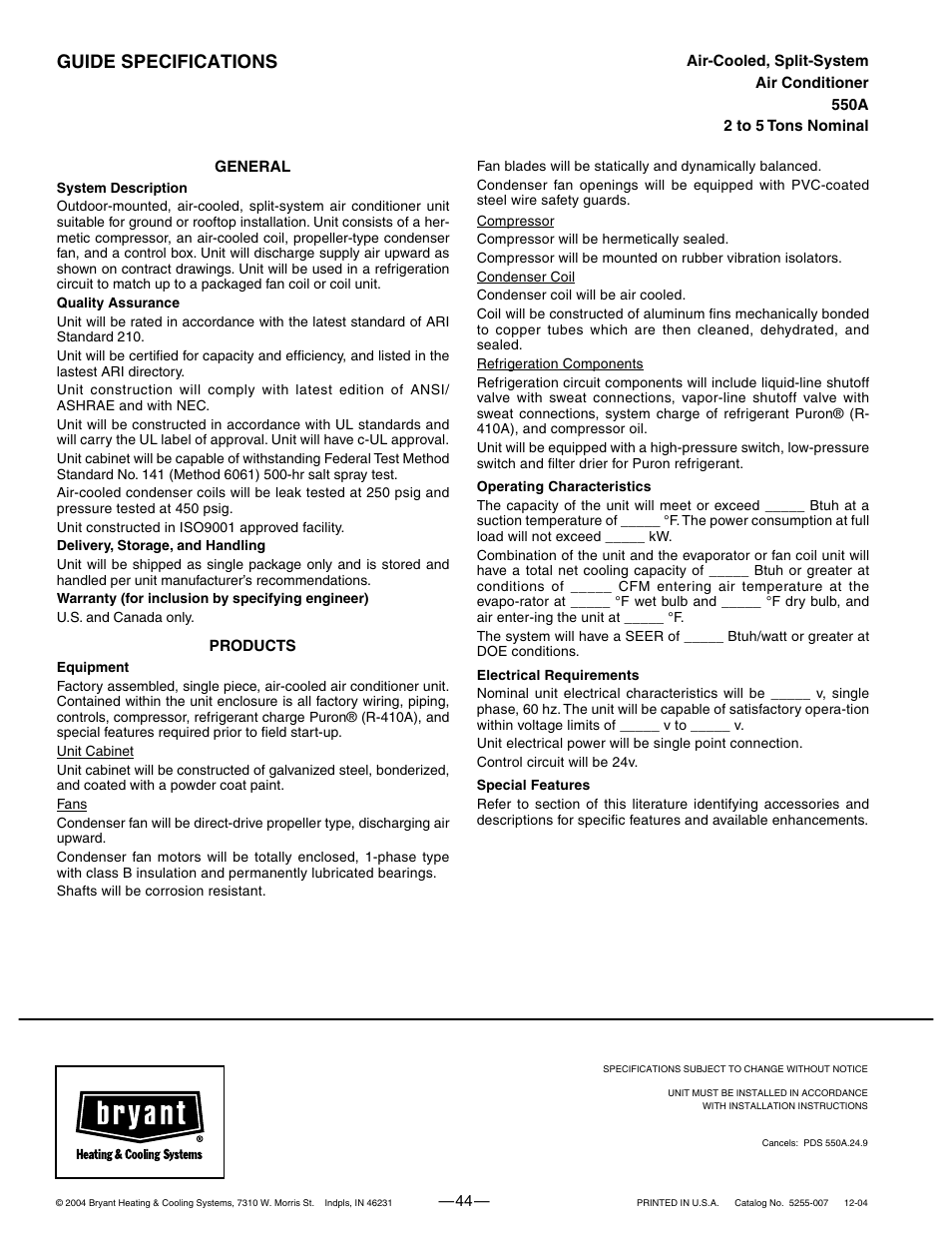 Guide specifications | Bryant 550A User Manual | Page 44 / 44