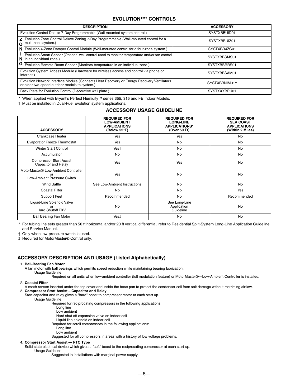 6— evolution™* controls, Accessory usage guideline | Bryant 550A User Manual | Page 6 / 44