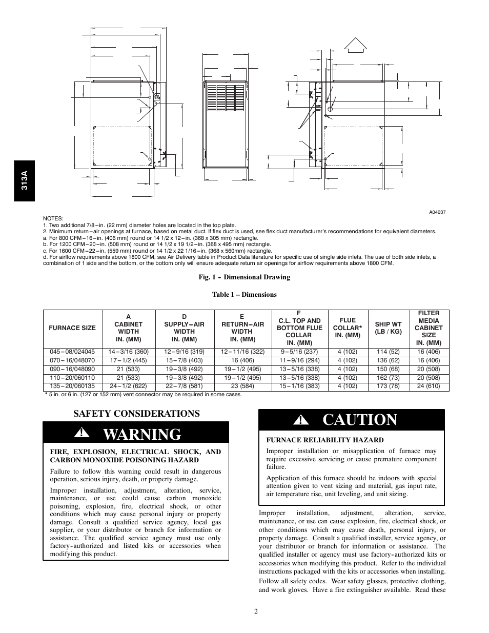 Warning, Caution, Safety considerations | Ad f e, 313a | Bryant 313AAV User Manual | Page 2 / 54