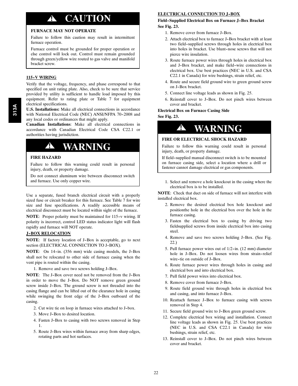 Caution, Warning | Bryant 313AAV User Manual | Page 22 / 54
