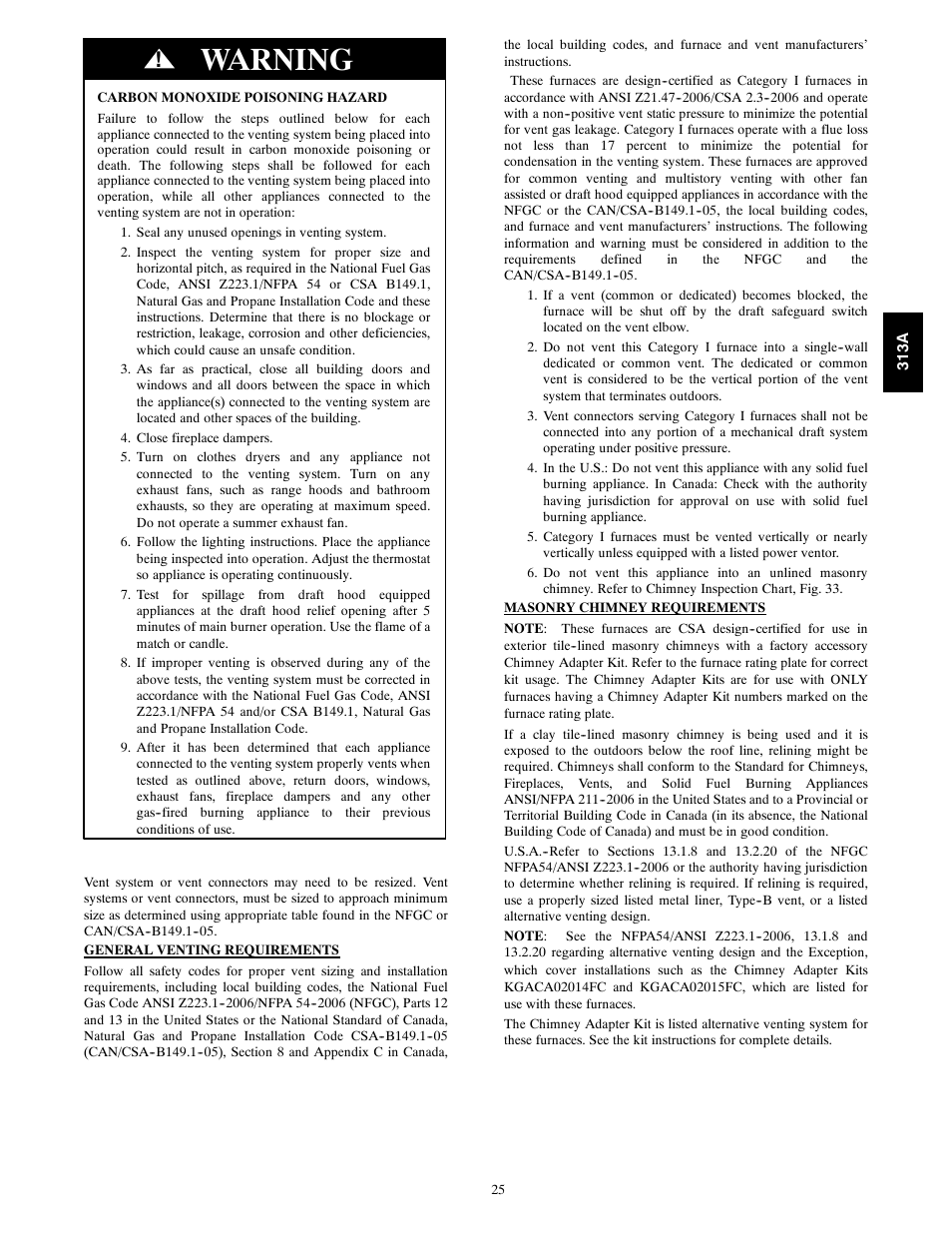 Warning | Bryant 313AAV User Manual | Page 25 / 54