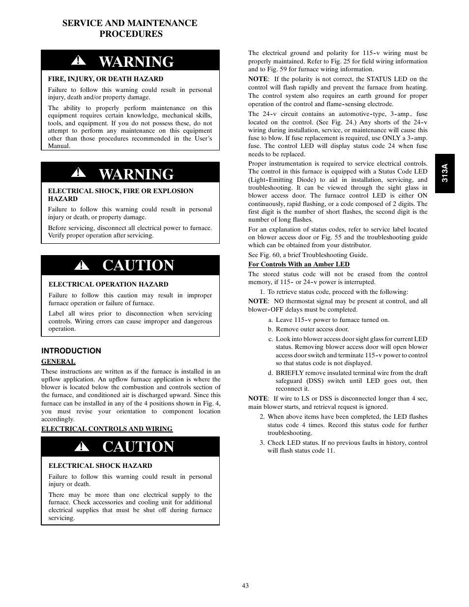 Warning, Caution | Bryant 313AAV User Manual | Page 43 / 54