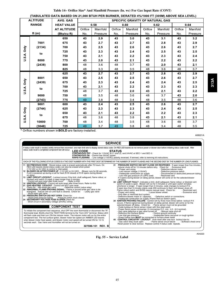 Service, 313a, Led code status | Component test, Fig. 55 -- service label | Bryant 313AAV User Manual | Page 45 / 54