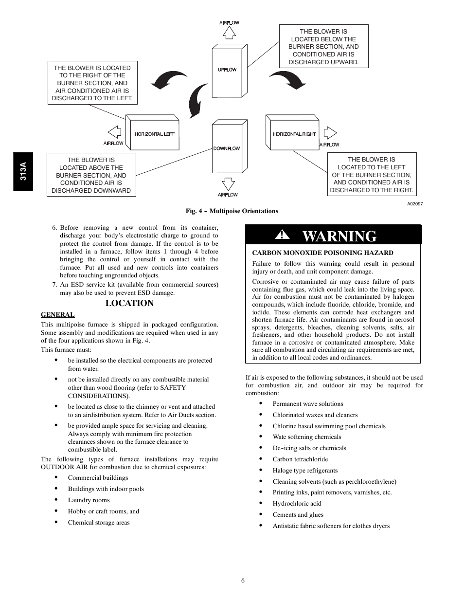 Warning, Location | Bryant 313AAV User Manual | Page 6 / 54