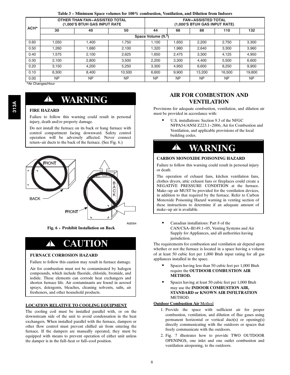 Warning, Caution, Air for combustion and ventilation | Bryant 313AAV User Manual | Page 8 / 54