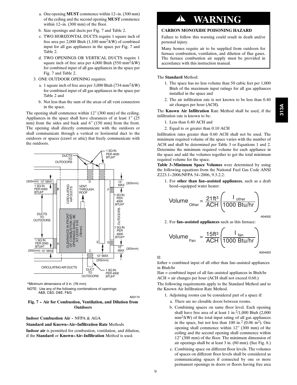 Warning, Volume, 21ft | Ach i, 1000 btu/hr, 15ft | Bryant 313AAV User Manual | Page 9 / 54