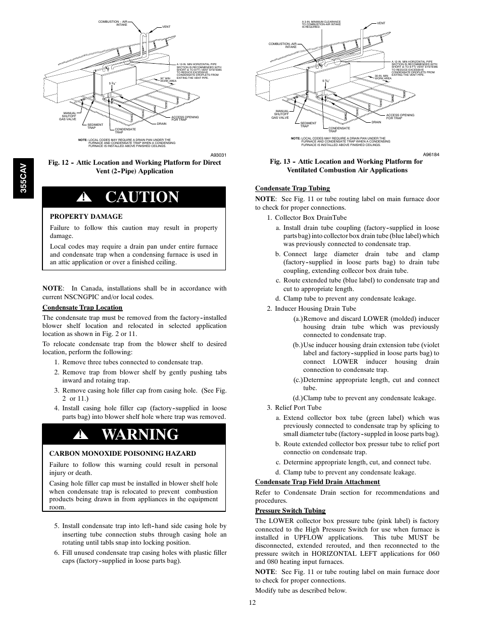 Caution, Warning, 355c a v | Bryant Condensing Gas 355CAV User Manual | Page 12 / 60