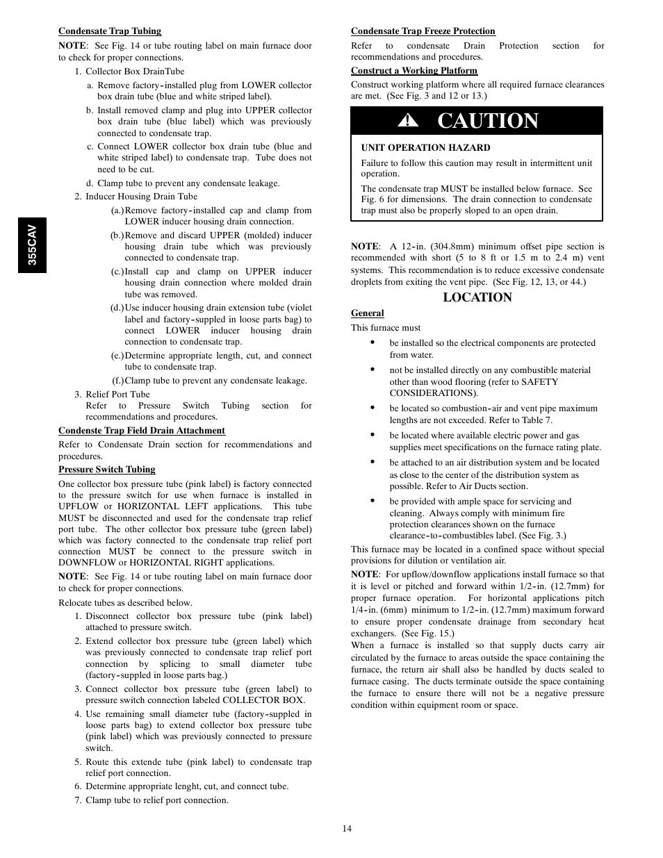 Caution, Location | Bryant Condensing Gas 355CAV User Manual | Page 14 / 60