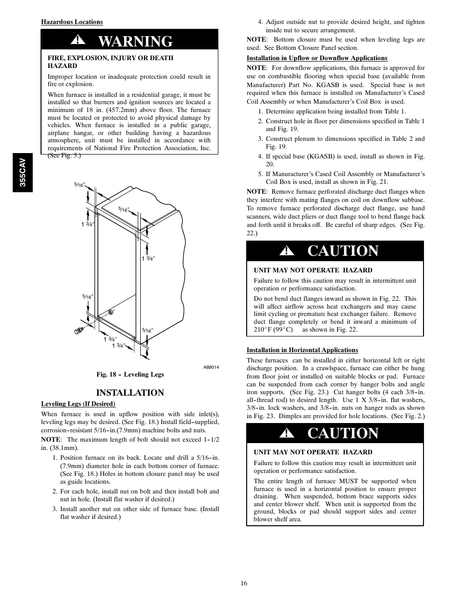 Warning, Caution, Installation | Bryant Condensing Gas 355CAV User Manual | Page 16 / 60