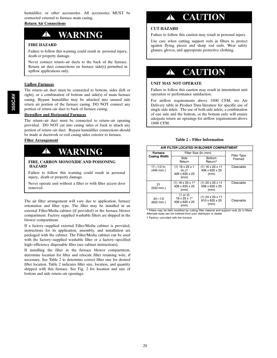 Warning, Caution | Bryant Condensing Gas 355CAV User Manual | Page 20 / 60