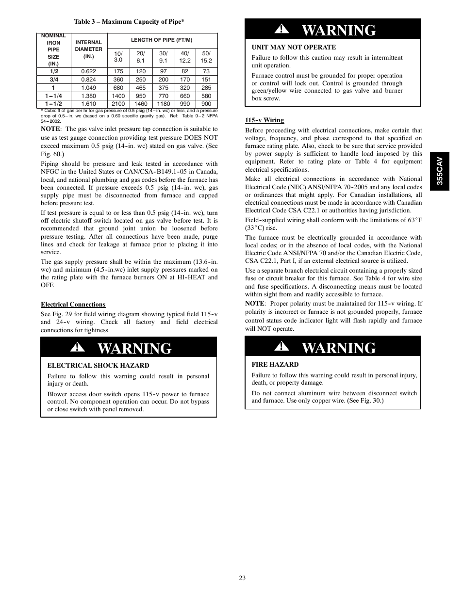 Warning | Bryant Condensing Gas 355CAV User Manual | Page 23 / 60