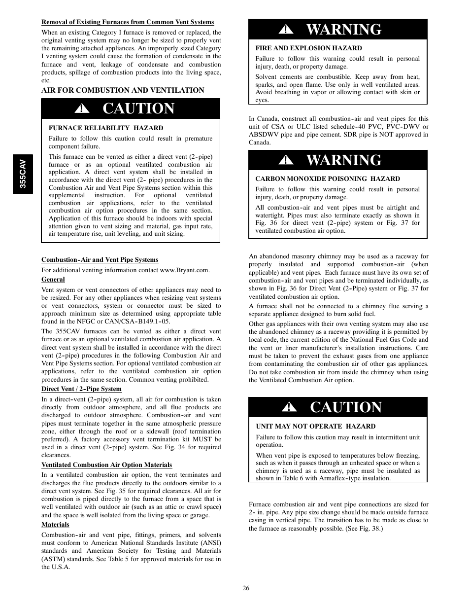 Caution, Warning | Bryant Condensing Gas 355CAV User Manual | Page 26 / 60