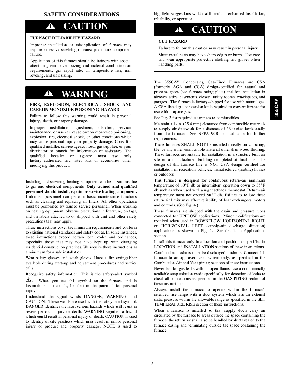 Caution, Warning, Safety considerations | Bryant Condensing Gas 355CAV User Manual | Page 3 / 60