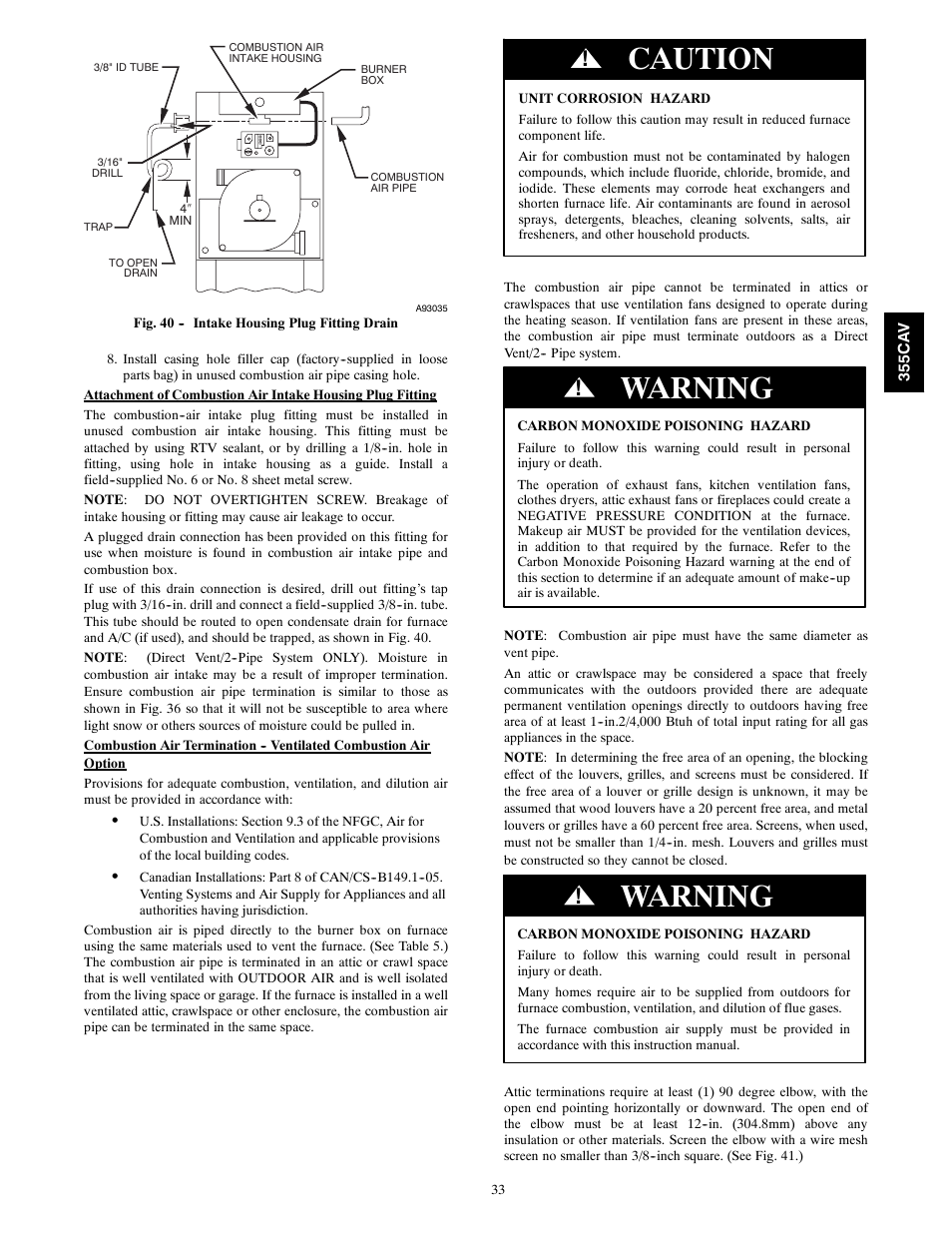 Caution, Warning | Bryant Condensing Gas 355CAV User Manual | Page 33 / 60