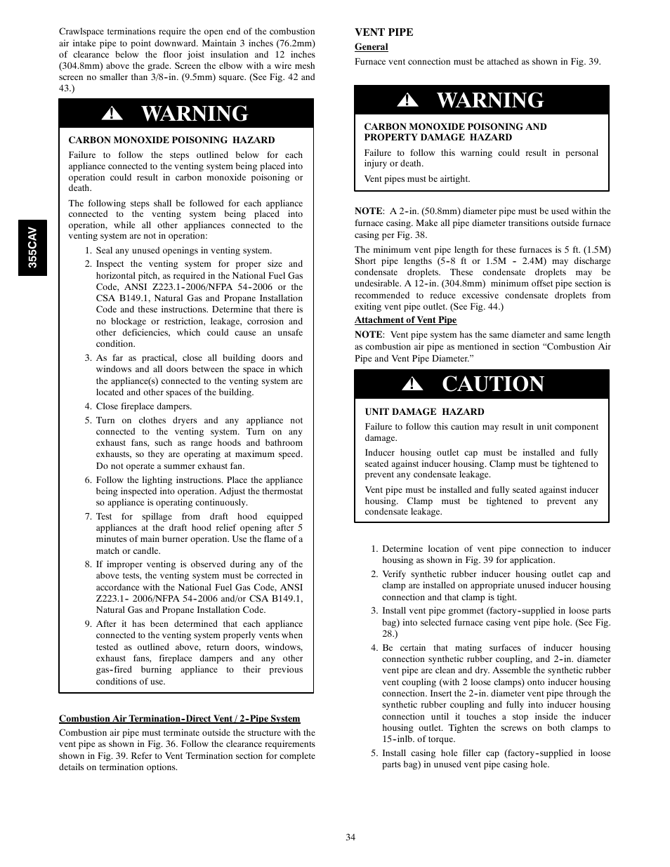 Warning, Caution | Bryant Condensing Gas 355CAV User Manual | Page 34 / 60