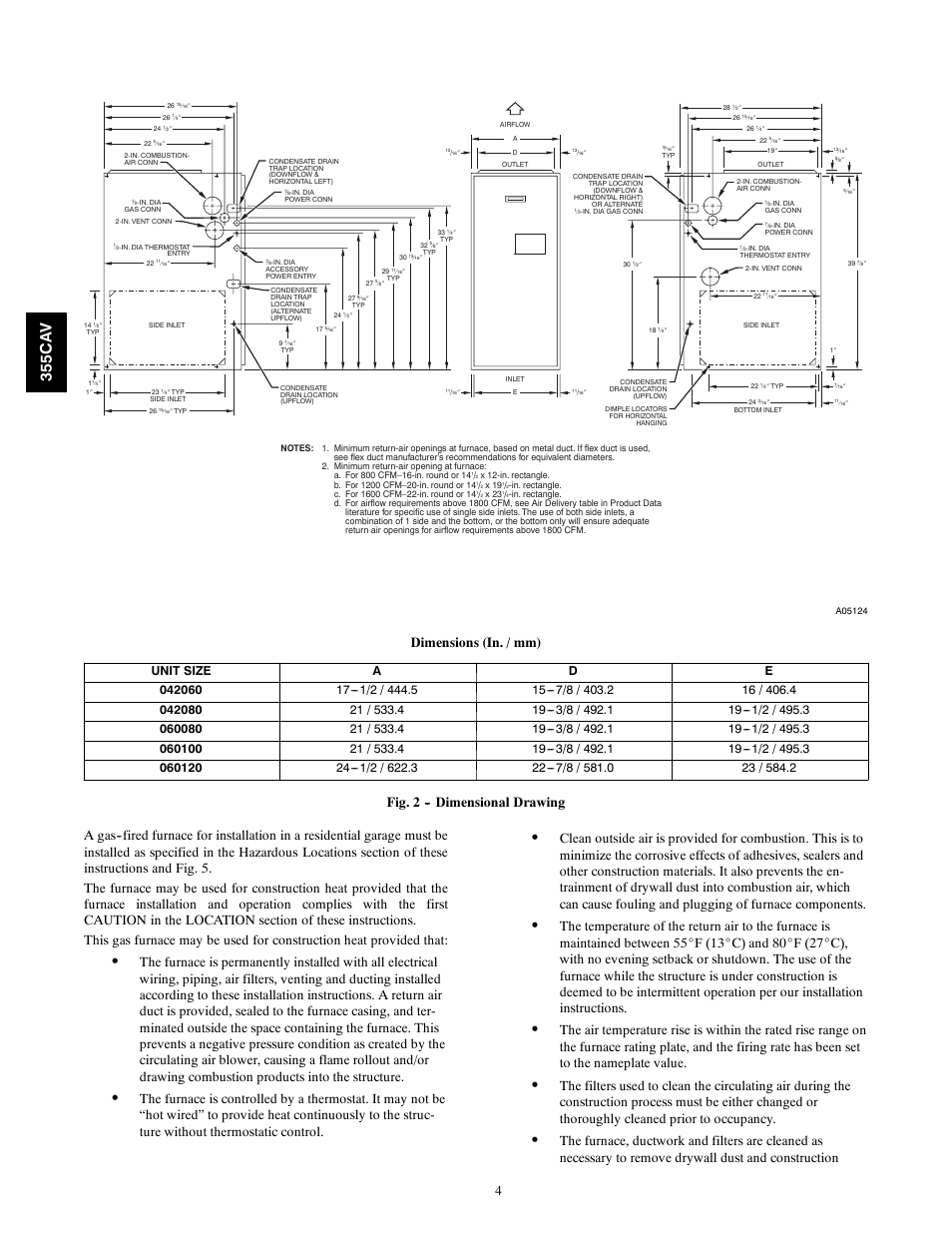 355c a v, Dimensions (in. / mm) | Bryant Condensing Gas 355CAV User Manual | Page 4 / 60