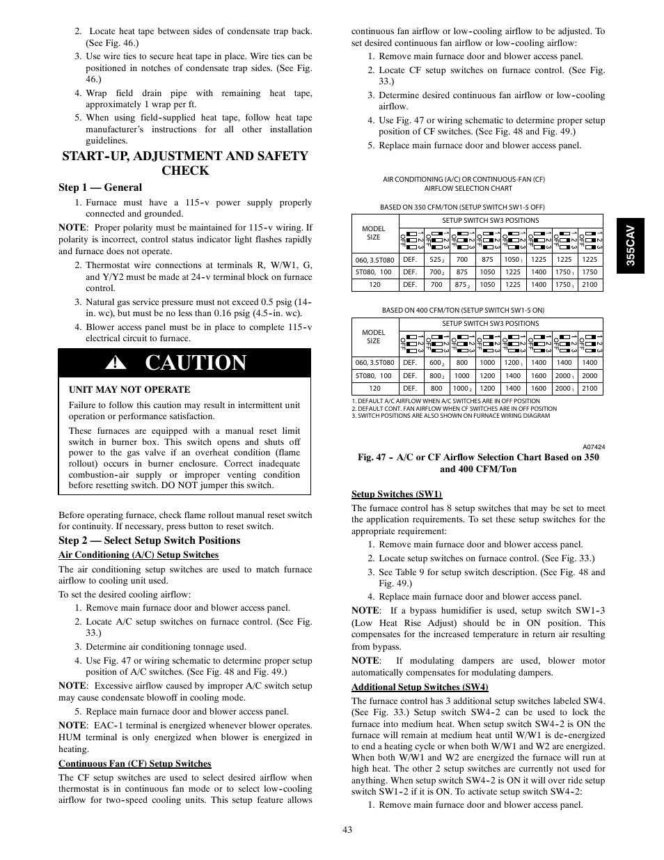 Caution, Start--up, adjustment and safety check, Step 1 — general | Step 2 — select setup switch positions, 355c a v | Bryant Condensing Gas 355CAV User Manual | Page 43 / 60