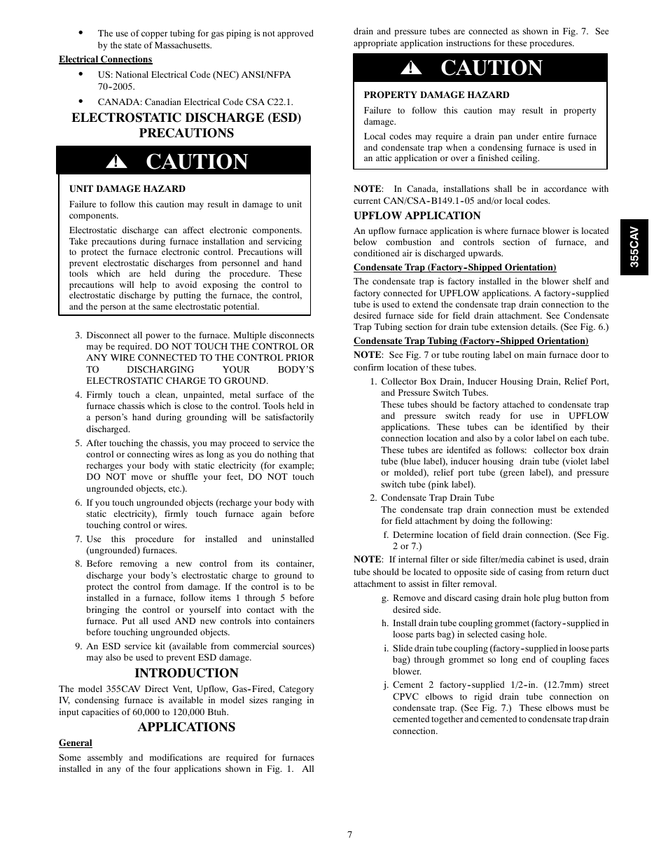 Caution, Electrostatic discharge (esd) precautions, Introduction | Applications | Bryant Condensing Gas 355CAV User Manual | Page 7 / 60