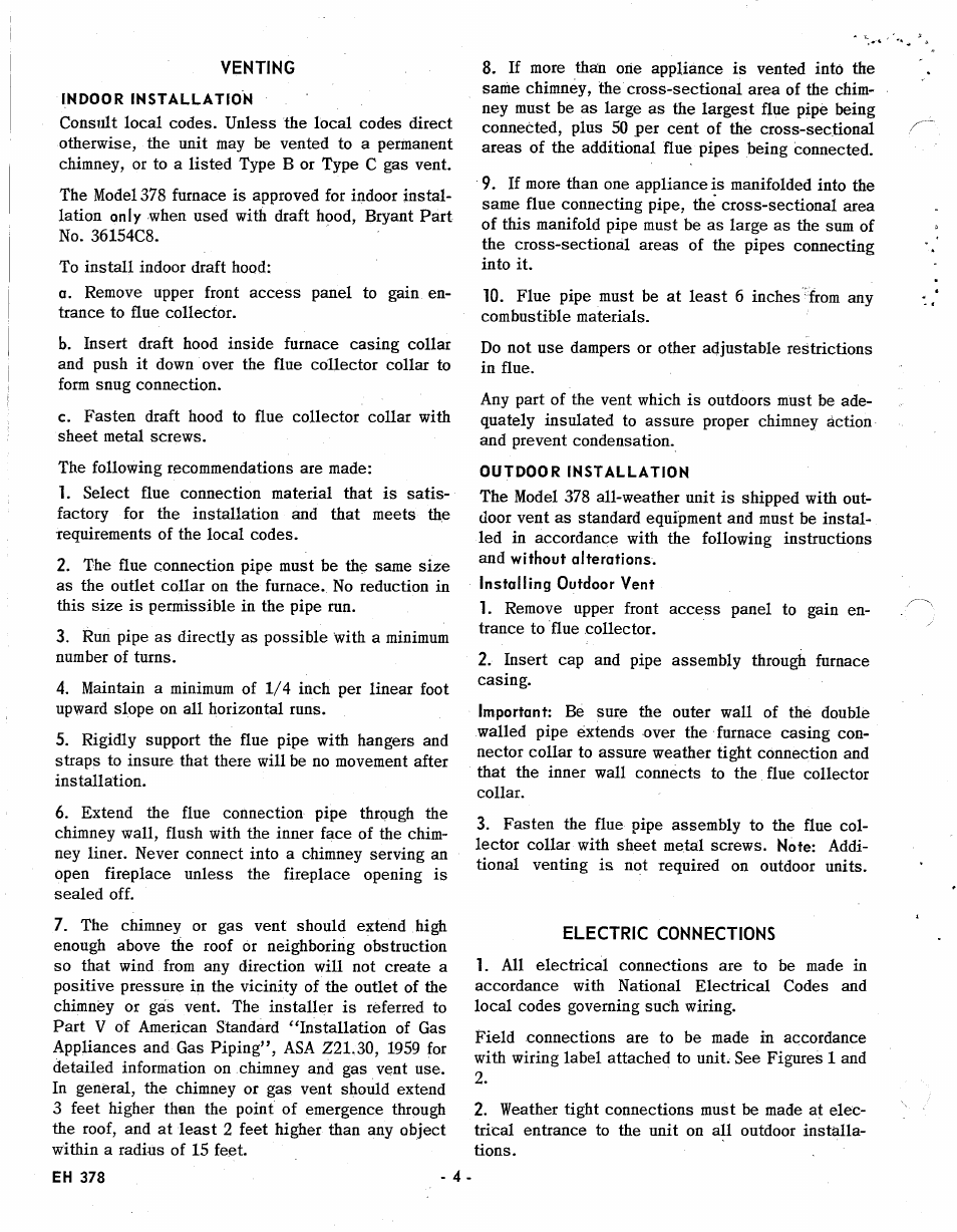 Venting, Installing outdoor vent, Electric connections | Bryant Model 378 User Manual | Page 4 / 11