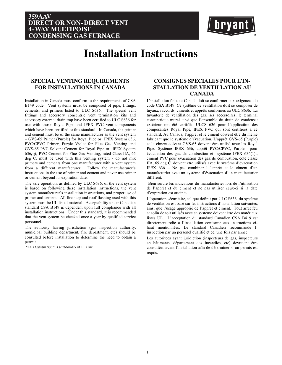 Bryant 4-WAY MULTIPOISE 359AAV User Manual | 44 pages