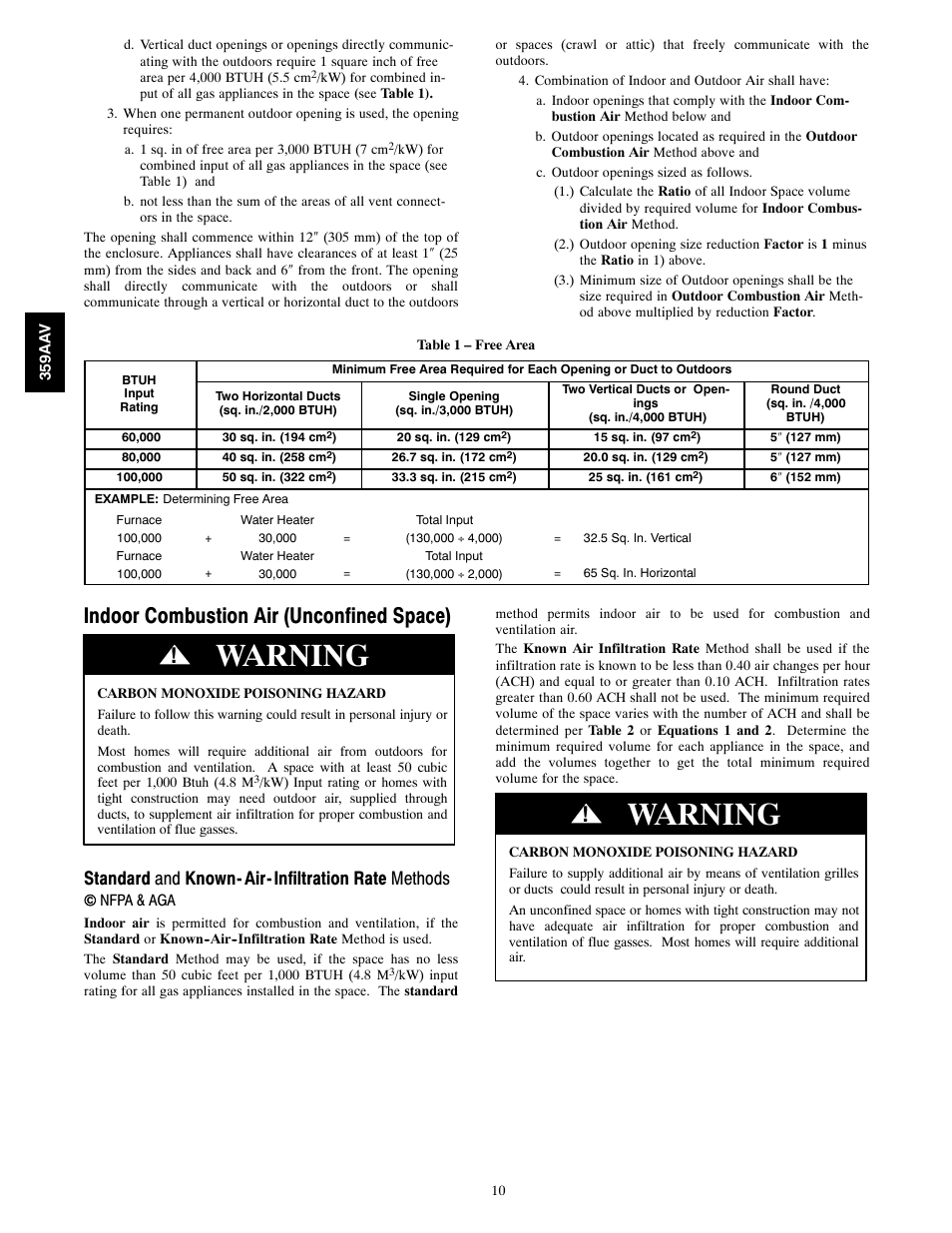 Warning, Indoor combustion air (unconfined space), Standard and known- air- infiltration rate methods | Bryant 4-WAY MULTIPOISE 359AAV User Manual | Page 10 / 44