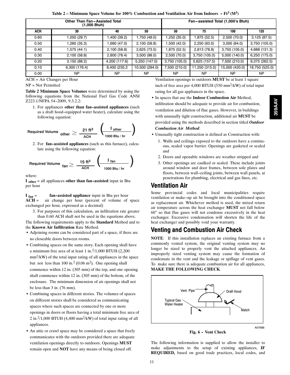 Ventilation air, Venting and combustion air check | Bryant 4-WAY MULTIPOISE 359AAV User Manual | Page 11 / 44