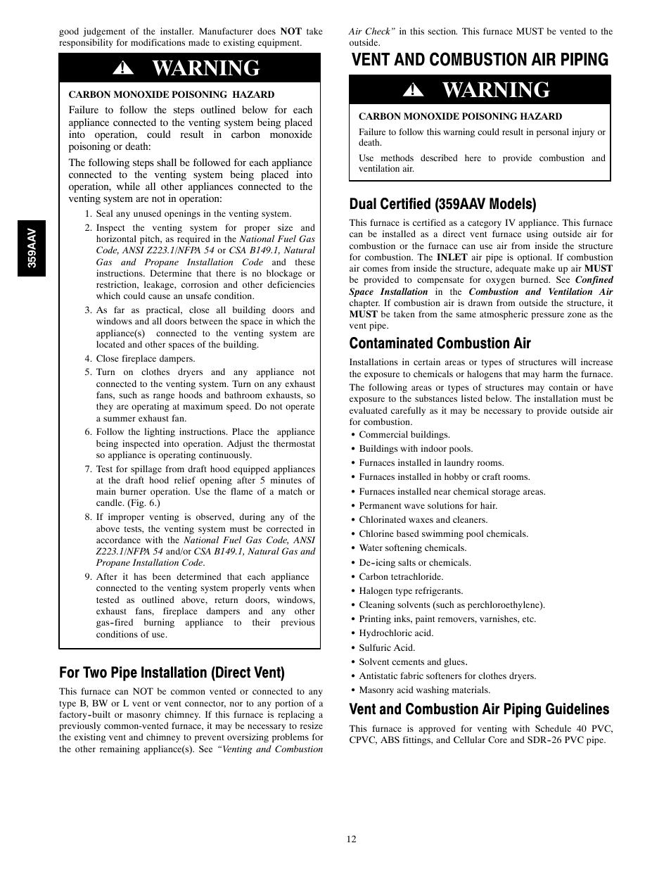 Warning, Vent and combustion air piping, For two pipe installation (direct vent) | Dual certified (359aav models), Contaminated combustion air, Vent and combustion air piping guidelines | Bryant 4-WAY MULTIPOISE 359AAV User Manual | Page 12 / 44