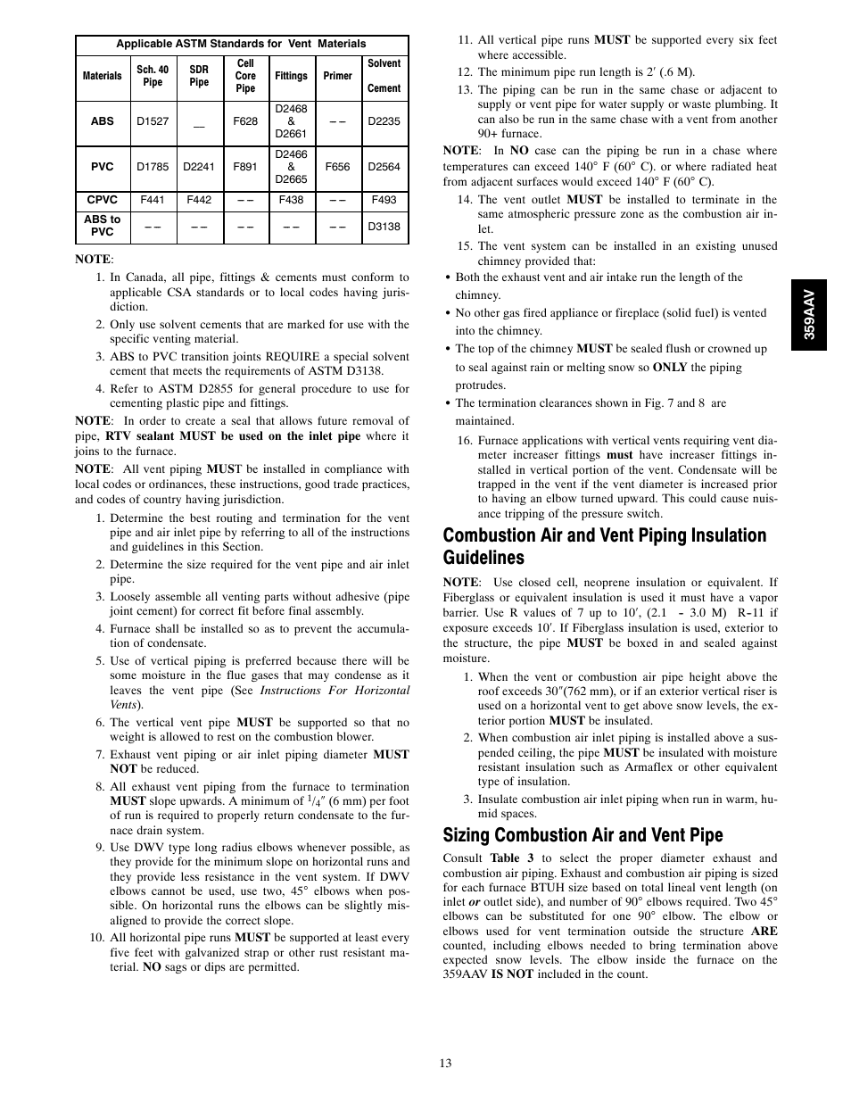Sizing combustion air and vent pipe | Bryant 4-WAY MULTIPOISE 359AAV User Manual | Page 13 / 44