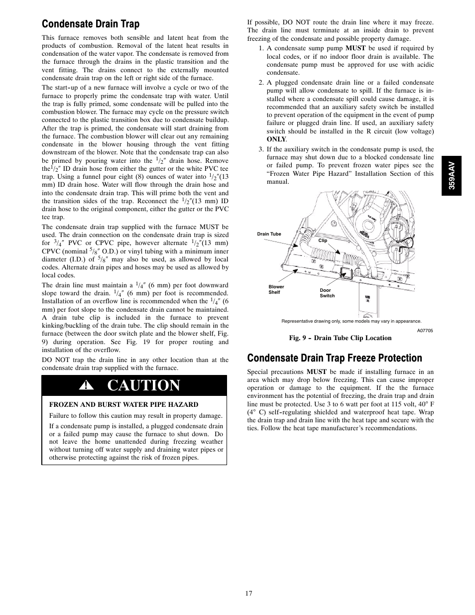 Caution, Condensate drain trap, Condensate drain trap freeze protection | Bryant 4-WAY MULTIPOISE 359AAV User Manual | Page 17 / 44