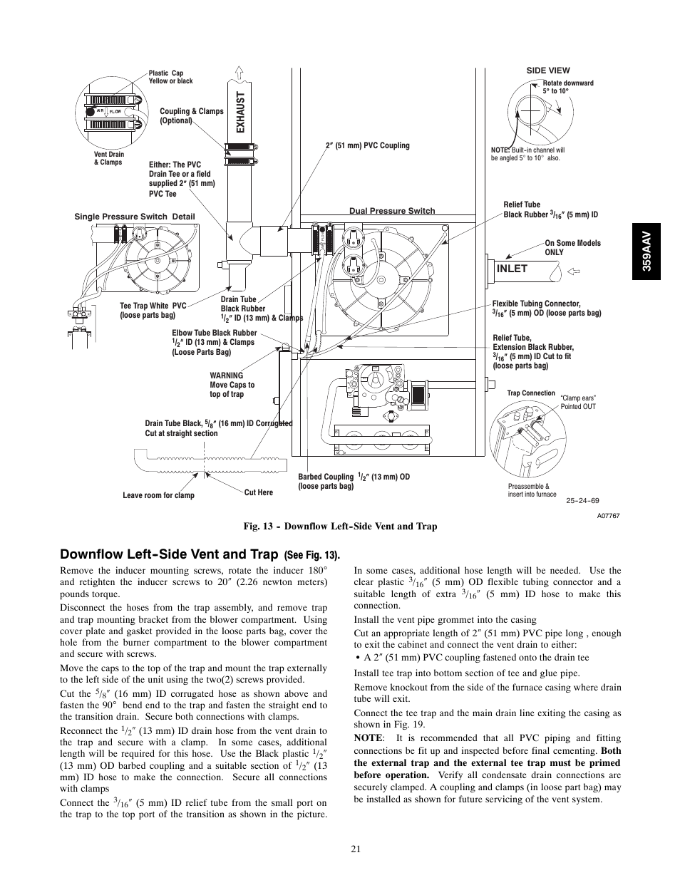 Downflow left--side vent and trap, See fig. 13), 359aa v | Bryant 4-WAY MULTIPOISE 359AAV User Manual | Page 21 / 44