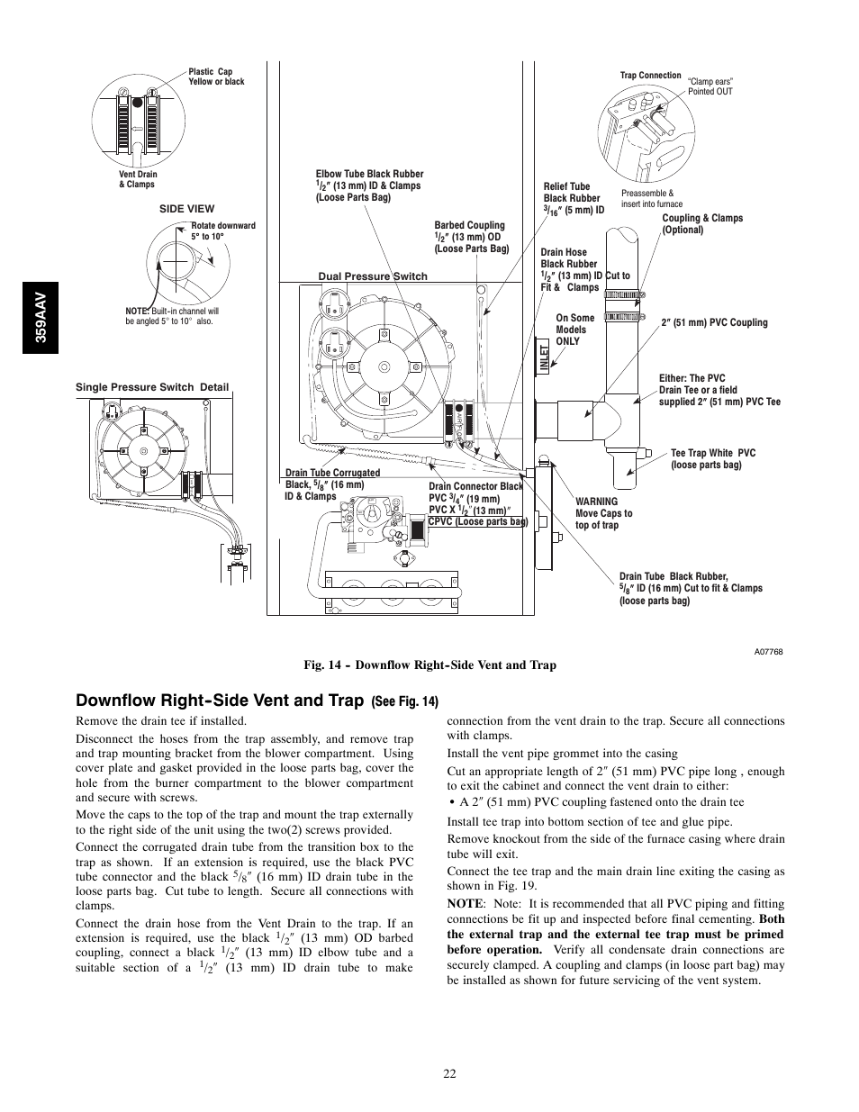 Downflow right--side vent and trap, See fig. 14), 359aa v | Bryant 4-WAY MULTIPOISE 359AAV User Manual | Page 22 / 44