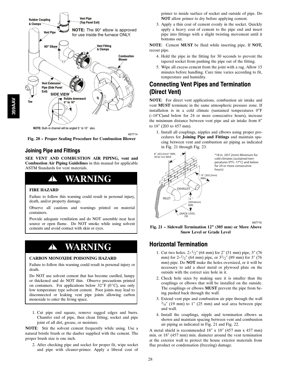 Warning, Horizontal termination, Joining pipe and fittings | Bryant 4-WAY MULTIPOISE 359AAV User Manual | Page 28 / 44