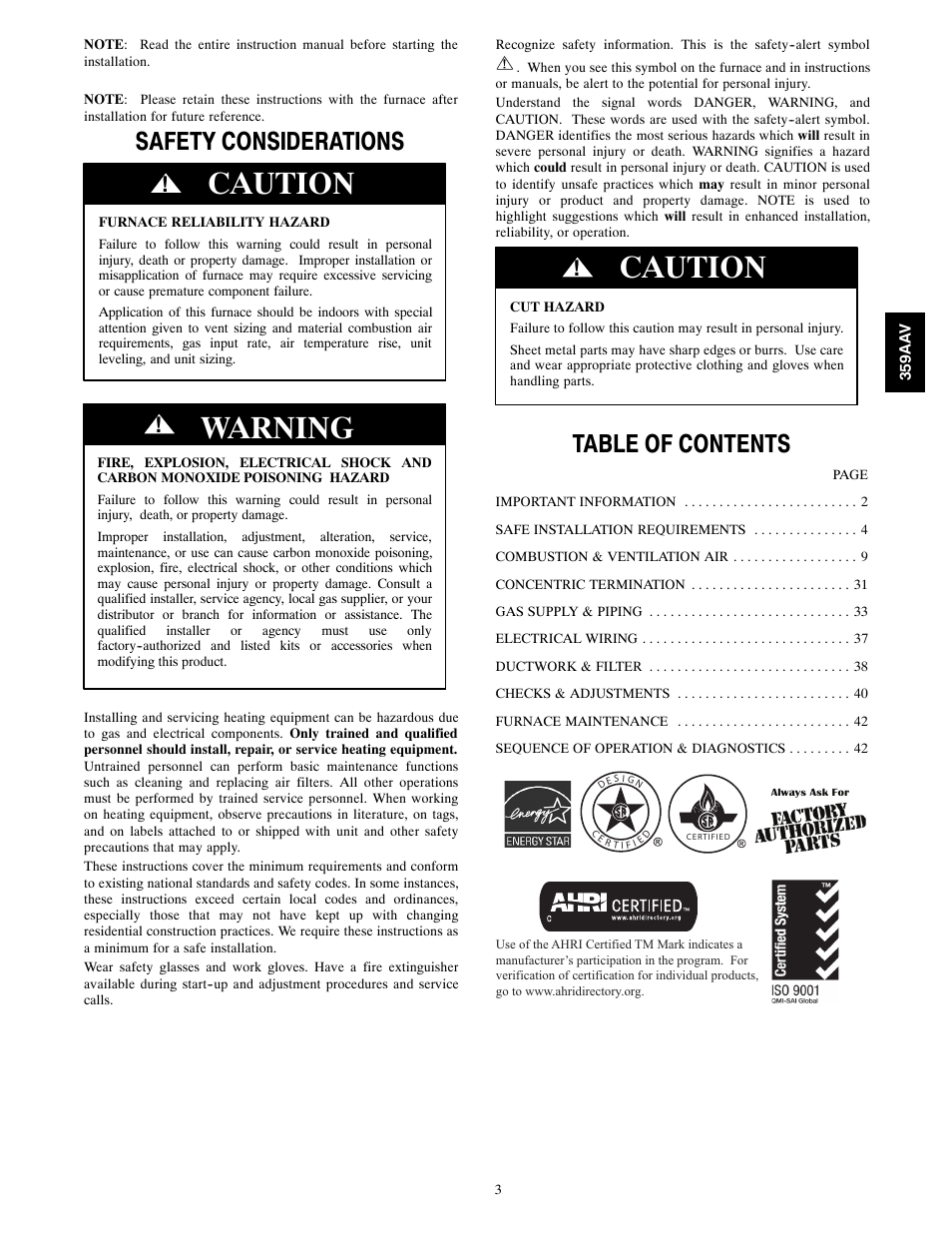 Bryant 4-WAY MULTIPOISE 359AAV User Manual | Page 3 / 44