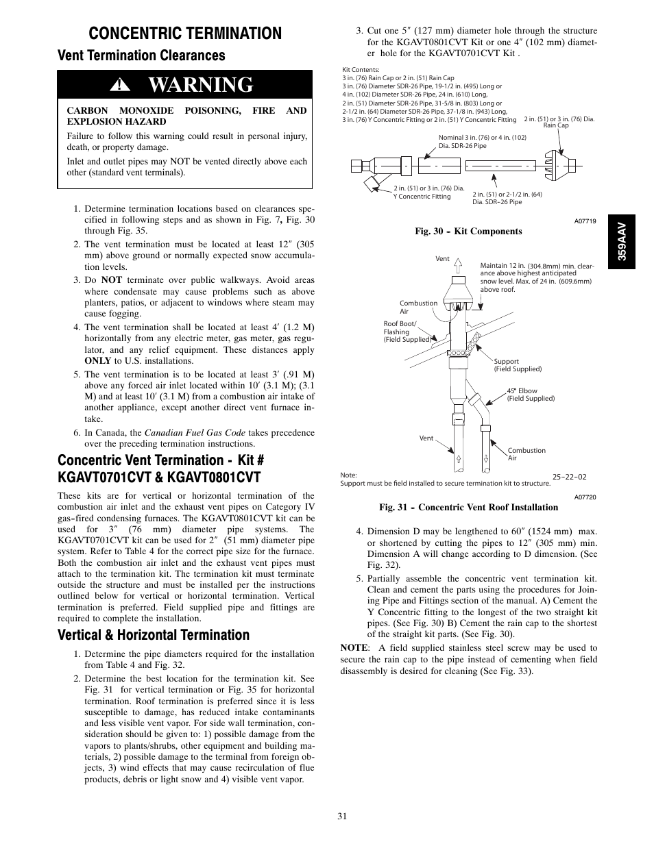 Warning, Concentric termination, Vent termination clearances | Vertical & horizontal termination | Bryant 4-WAY MULTIPOISE 359AAV User Manual | Page 31 / 44