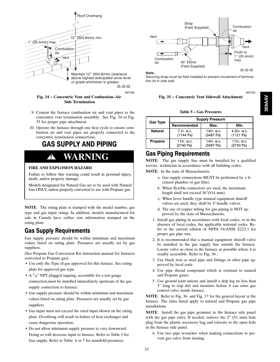 Warning, Gas supply and piping, Gas supply requirements | Gas piping requirements | Bryant 4-WAY MULTIPOISE 359AAV User Manual | Page 33 / 44