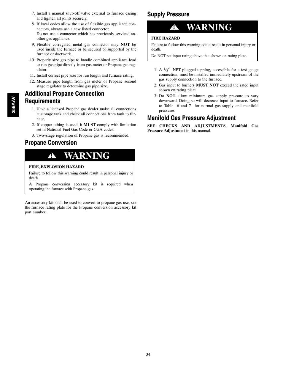 Warning, Additional propane connection requirements, Propane conversion | Supply pressure, Manifold gas pressure adjustment | Bryant 4-WAY MULTIPOISE 359AAV User Manual | Page 34 / 44